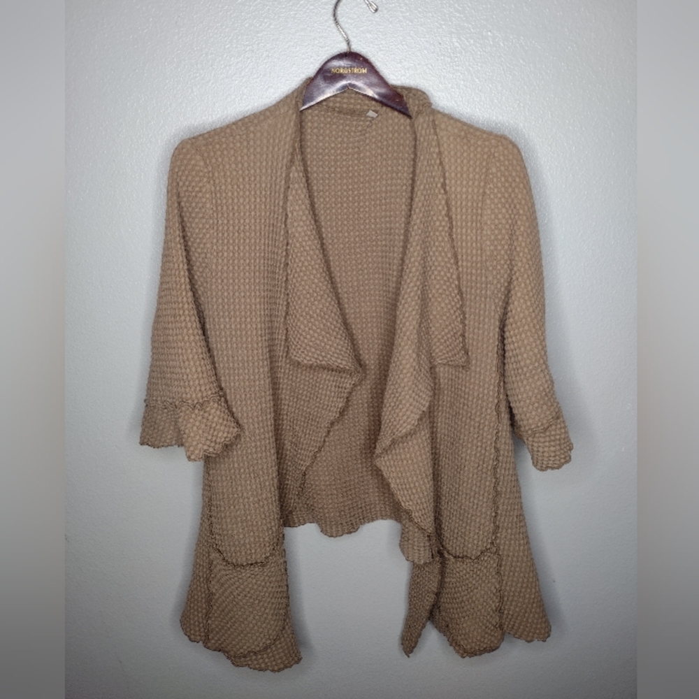 Women's Waffle Open Cardigan Large Brown Tan Lagenlook Minimalist Asymmetrical R